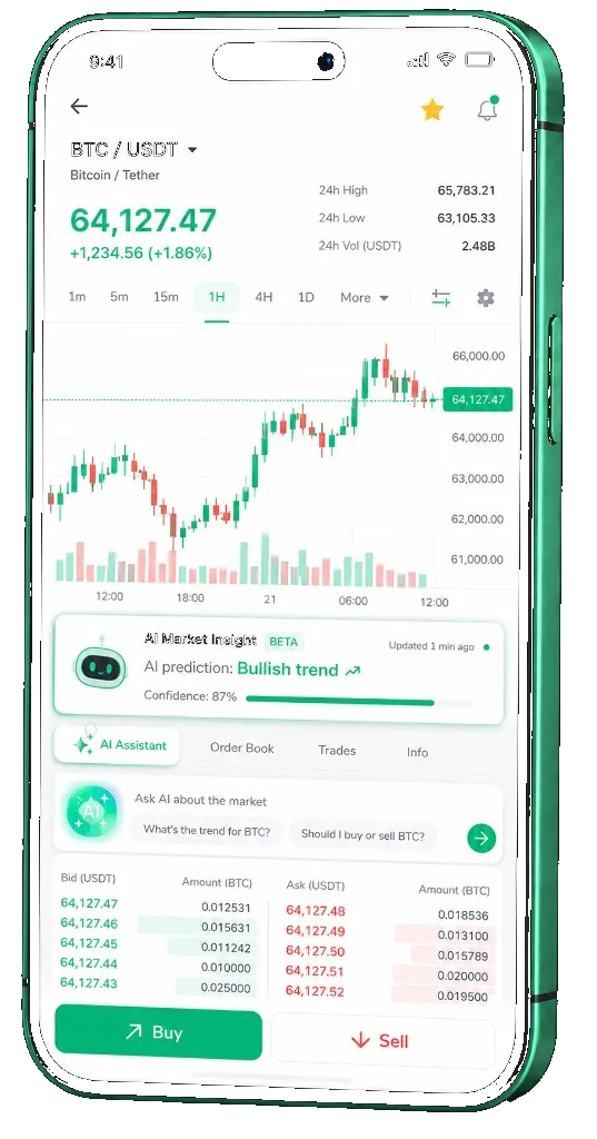 Borealmere trading platform on mobile — live BTC/USDT chart, order book, and buy/sell interface